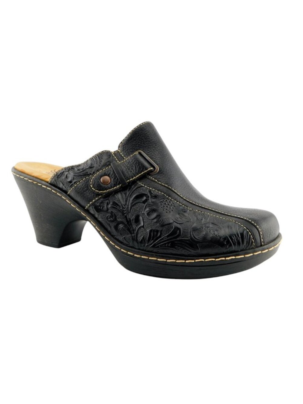 SOFFT Black Floral Tooled Leather Block Heel Mules 10